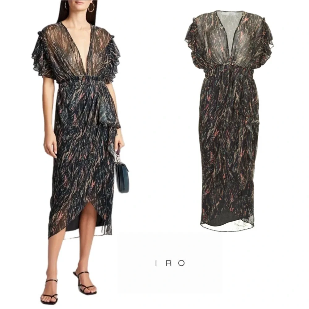 NEW IRO Gargas Wrap-effect Ruffled Printed lurex Sheer MIDI Dress - Picture 15 of 15